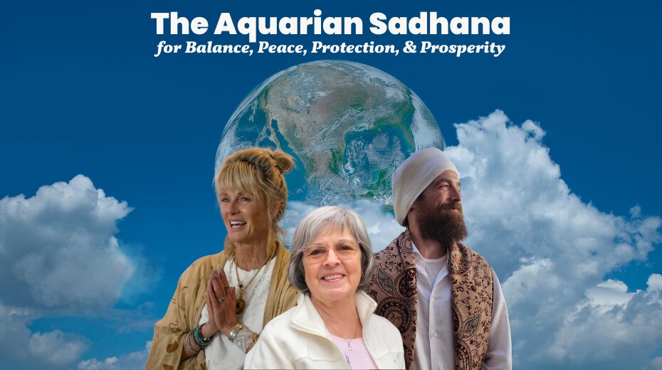 The Aquarian Sadhana event with three people against a sky and Earth backdrop, highlighting balance and peace.