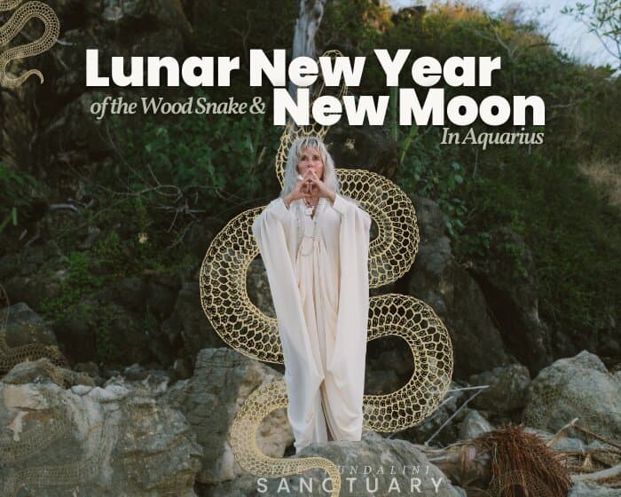 Person in white robe meditating outdoors, surrounded by snake imagery. Text: Lunar New Year, New Moon in Aquarius. Kundalini Sanctuary event.