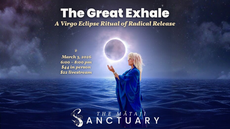 The Great Exhale yoga event by The MătăJi Sanctuary on March 3, 2026, featuring a woman in blue under a lunar eclipse.