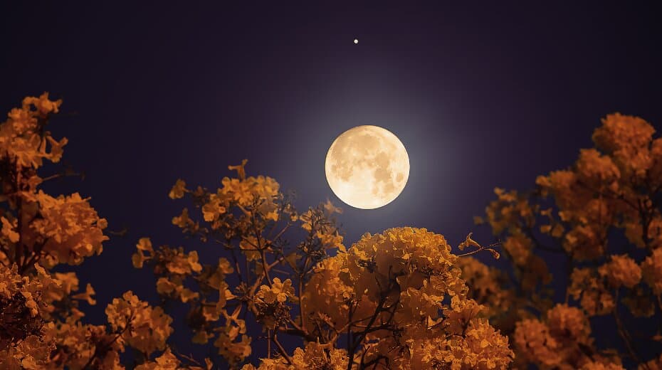 Full moon and a small star visible through orange blossoms at night.