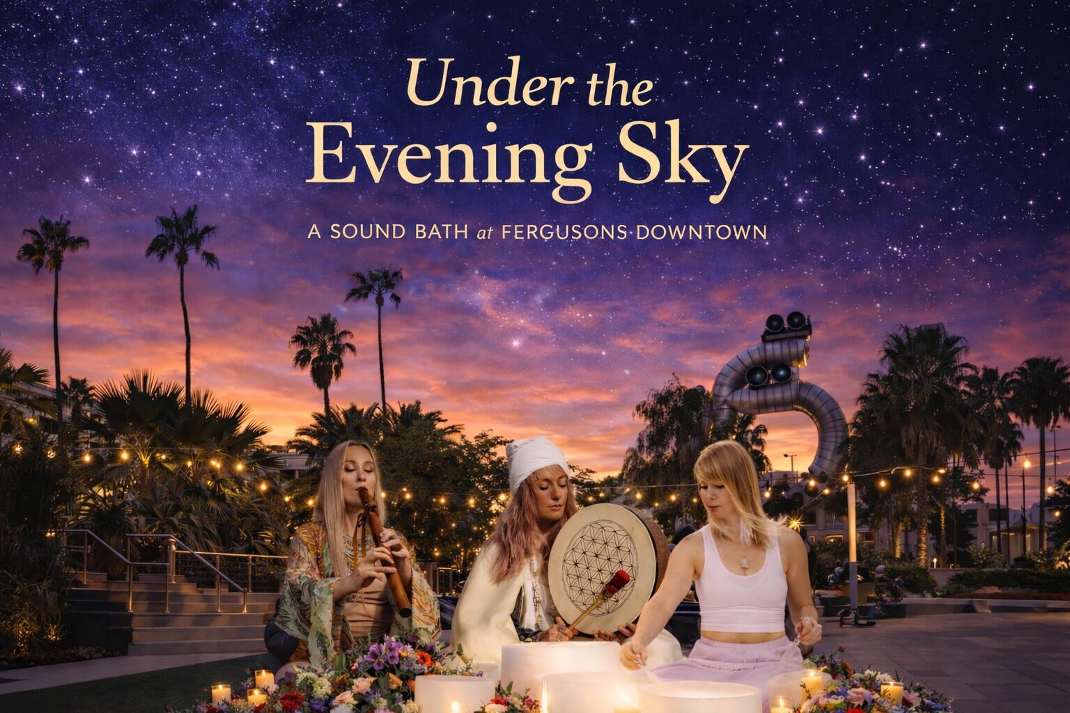 Women performing a sound bath with instruments under a starry evening sky at Fergusons Downtown, surrounded by palm trees