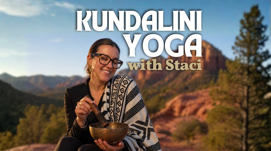 Woman in glasses holds a singing bowl, smiling outdoors with mountains behind her. Text overlay reads Kundalini Yoga with Staci.