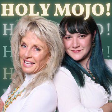 Two women smiling, standing back-to-back, with the text HOLY MOJO! in bold above them. Background features green design elements.