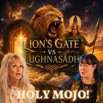 Two women speak with dramatic expressions, surrounded by a celestial background featuring a lion and mystical imagery related to spirituality.