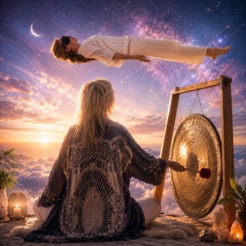 A person meditating in front of a gong, while another levitates in a mystical sunset setting, evoking serenity and spiritual connection.
