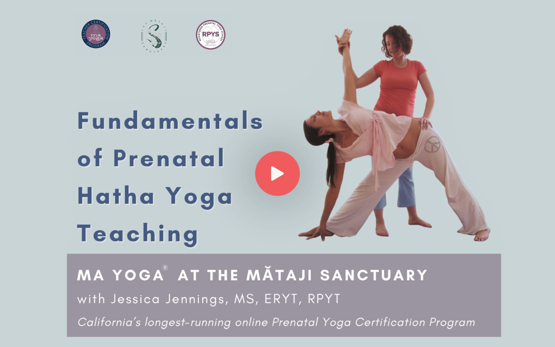 Two women practicing prenatal Hatha yoga together, highlighting the fundamentals of yoga teaching at The Mātāji Sanctuary.