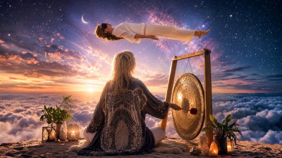 A person meditates in front of a gong while another floats above clouds under a starry sky, embodying spiritual energy.