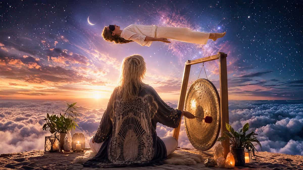 A person playing a gong in a serene setting with clouds, candles, and plants, while another person meditates and levitates above.