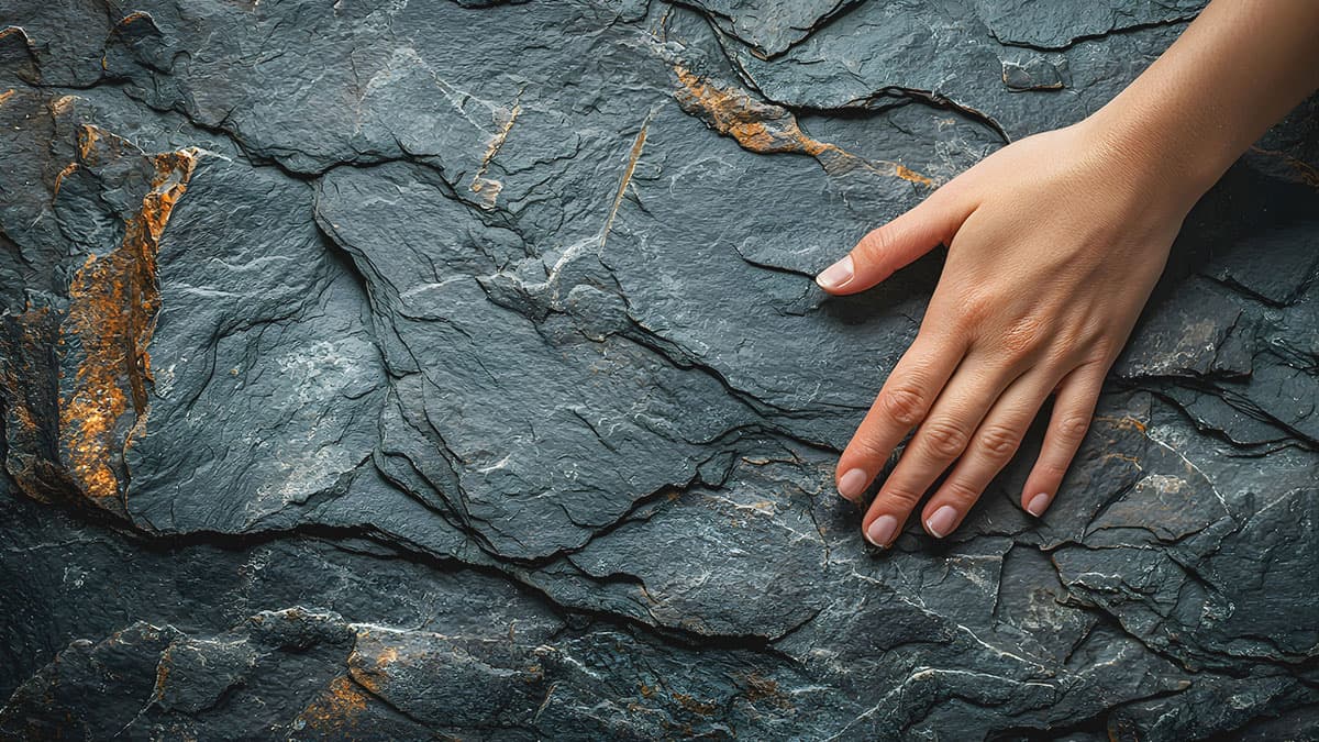 Hand resting on dark stone with golden veins, symbolizing grounding during Kundalini awakening